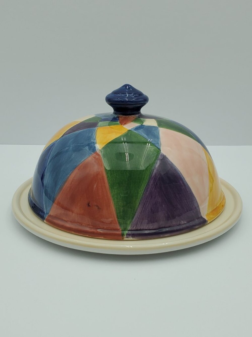 Tabletops Unlimited Carnival Round Covered Butter Dish Colorful Dome Lid Plate